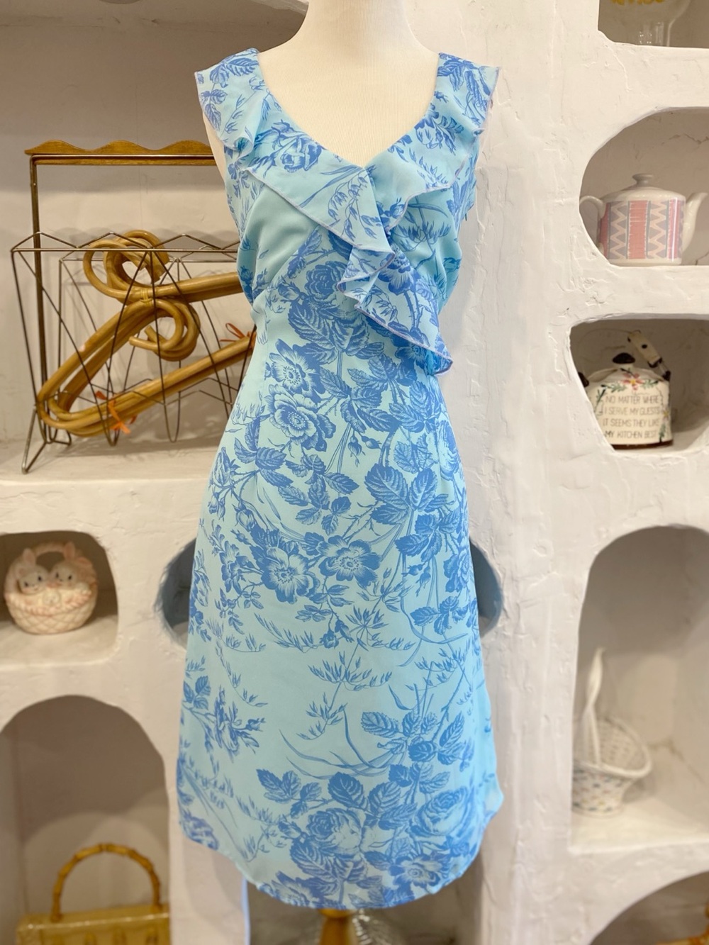 Y2K Vintage Light Blue Floral Mesh Sleeveless Midi Ruffle V-Neck Summer Dress